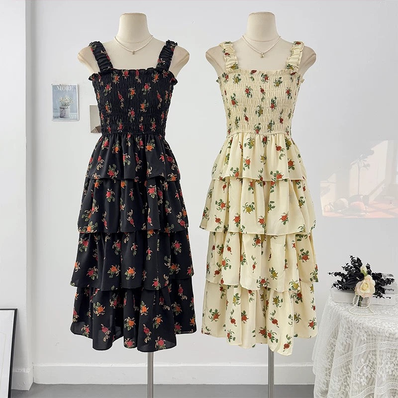 Sweet floral small fresh suspender dress female spring 2025 new high waist A-line pleated layered cake skirt