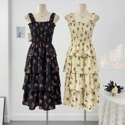 Sweet floral small fresh suspender dress female spring 2025 new high waist A-line pleated layered cake skirt
