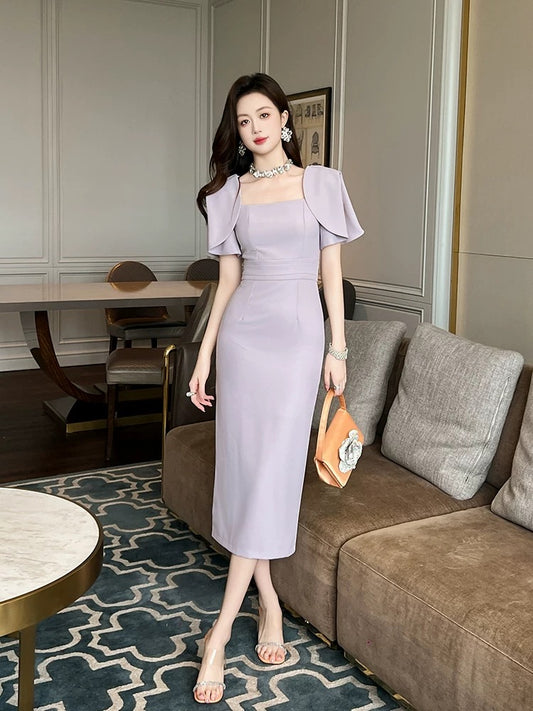 Simple and Elegant Dress Women's 2024 Summer New Purple Dress Light Luxurious Waist Slimming Hip Skirt Long Skirt