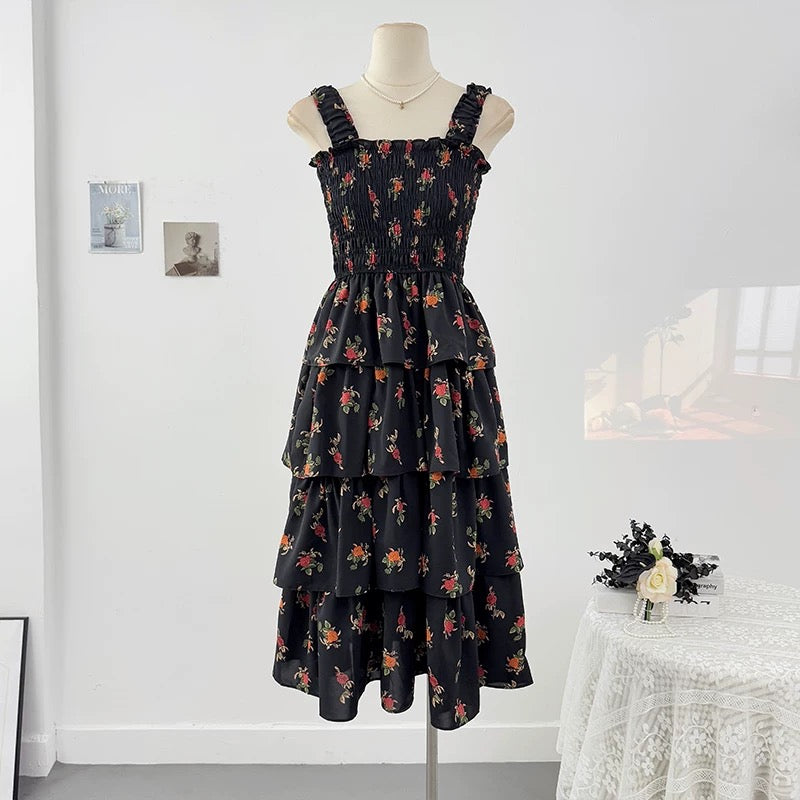 Sweet floral small fresh suspender dress female spring 2025 new high waist A-line pleated layered cake skirt