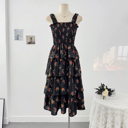 Sweet floral small fresh suspender dress female spring 2025 new high waist A-line pleated layered cake skirt