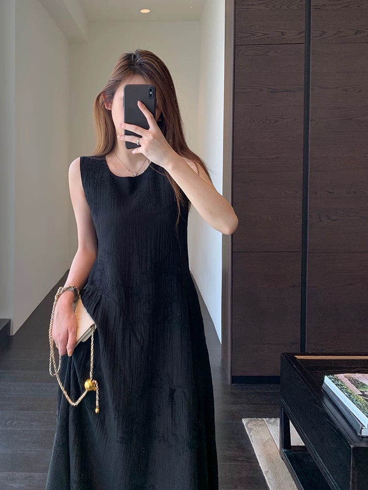 AMR UU◆Atmosphere Heavy Tencel Embroidery Little Black Dress Waist Slimming Vest Dress Female Summer New