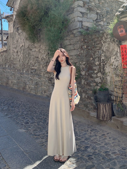 MULVAN Knitted Tank Top Women's 2024 Summer New Slim Fit Sleeveless Dress A-Line Waist Long Skirt