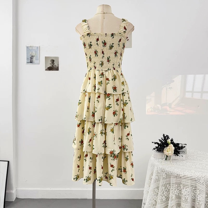 Sweet floral small fresh suspender dress female spring 2025 new high waist A-line pleated layered cake skirt