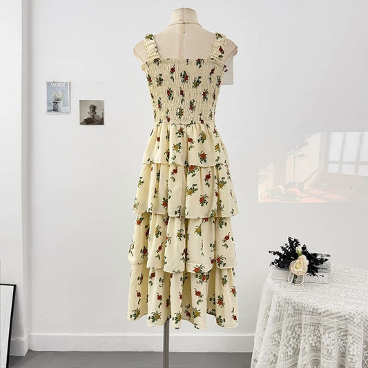 Sweet floral small fresh suspender dress female spring 2025 new high waist A-line pleated layered cake skirt