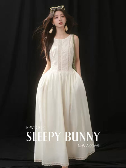 SLEEPYBUNNY Women's Summer White Lace Camisole Dress – Pure Cotton, High-Waisted, French-Style Maxi Dress (Petite-Friendly)
