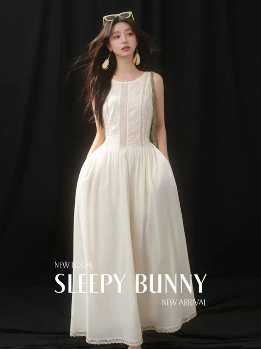 SLEEPYBUNNY Women's Summer White Lace Camisole Dress – Pure Cotton, High-Waisted, French-Style Maxi Dress (Petite-Friendly)