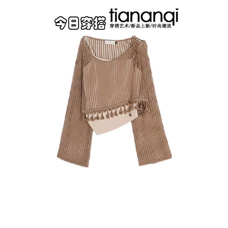 Early autumn fashion new design irregular top suspenders American coffee color straight loose wide-leg jeans