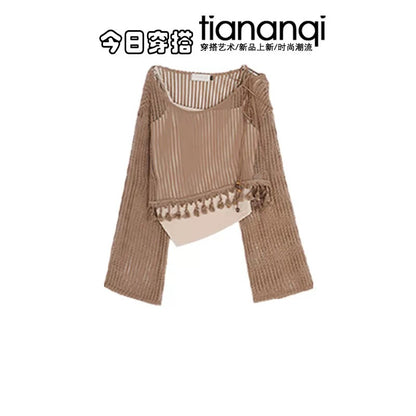 Early autumn fashion new design irregular top suspenders American coffee color straight loose wide-leg jeans