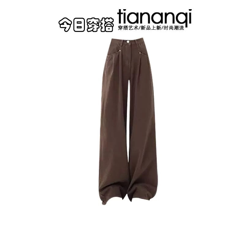 Early autumn fashion new design irregular top suspenders American coffee color straight loose wide-leg jeans