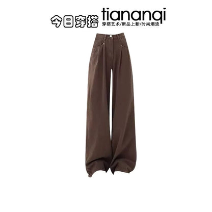 Early autumn fashion new design irregular top suspenders American coffee color straight loose wide-leg jeans