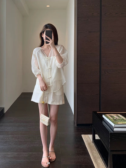 AMR UU Heavy embroidery French embroidery suit loose slim Tencel top shorts women's spring and summer new