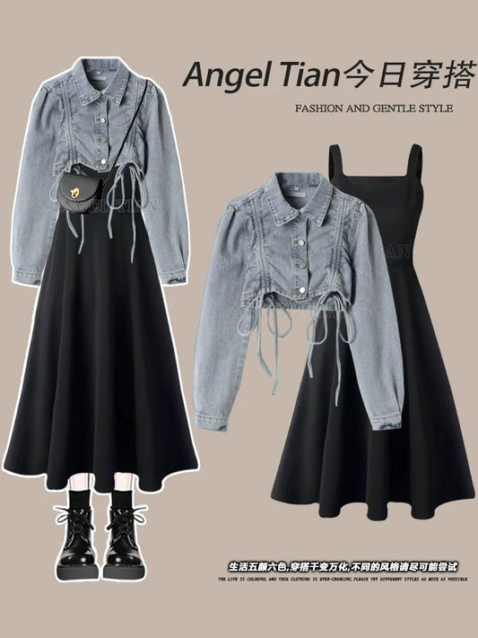 Large size 2025 spring new women's clothing slim retro style short blue denim jacket dress two-piece suit