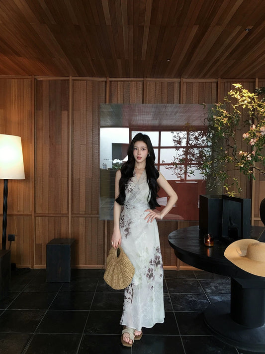 ICELOLLY Beach Vacation Outfit: Sleeveless Fitted Waist Floral Dress for Women, Especially Beautiful for Spring and Summer, Pinch Waist Skirt