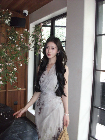 ICELOLLY Beach Vacation Outfit: Sleeveless Fitted Waist Floral Dress for Women, Especially Beautiful for Spring and Summer, Pinch Waist Skirt