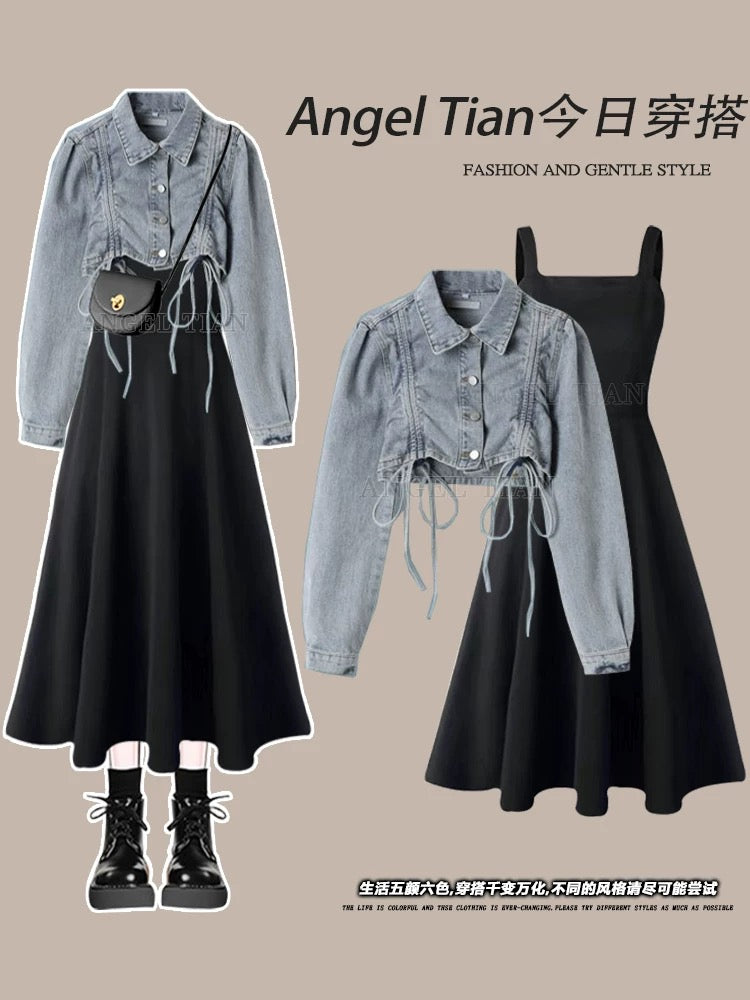 Large size 2025 spring new women's clothing slim retro style short blue denim jacket dress two-piece suit