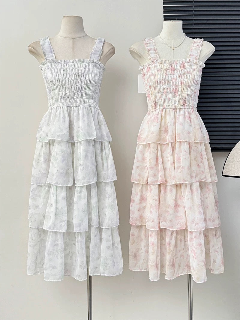 Forest fairy chiffon floral suspender skirt female summer tea break French waist dress layer cake skirt