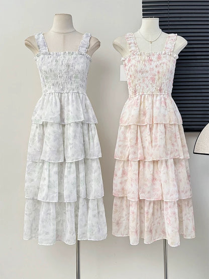 Forest fairy chiffon floral suspender skirt female summer tea break French waist dress layer cake skirt
