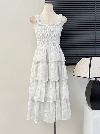 Forest fairy chiffon floral suspender skirt female summer tea break French waist dress layer cake skirt