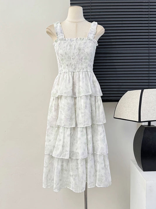Forest fairy chiffon floral suspender skirt female summer tea break French waist dress layer cake skirt