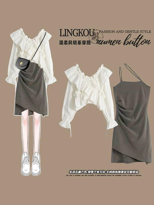 Large size spring fashion suit skirt for fat women sweet and spicy style one-shoulder slimming and age-reducing top suspender skirt two-piece suit