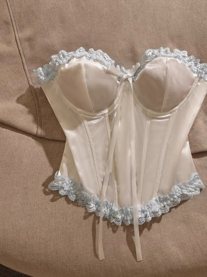 Sweet lace-trimmed, boned, off-the-shoulder corset top—perfect as a standalone piece or a stylish base layer; features a lace-up design for a slimming, waist-cinching fit.