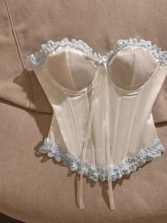 Sweet lace-trimmed, boned, off-the-shoulder corset top—perfect as a standalone piece or a stylish base layer; features a lace-up design for a slimming, waist-cinching fit.
