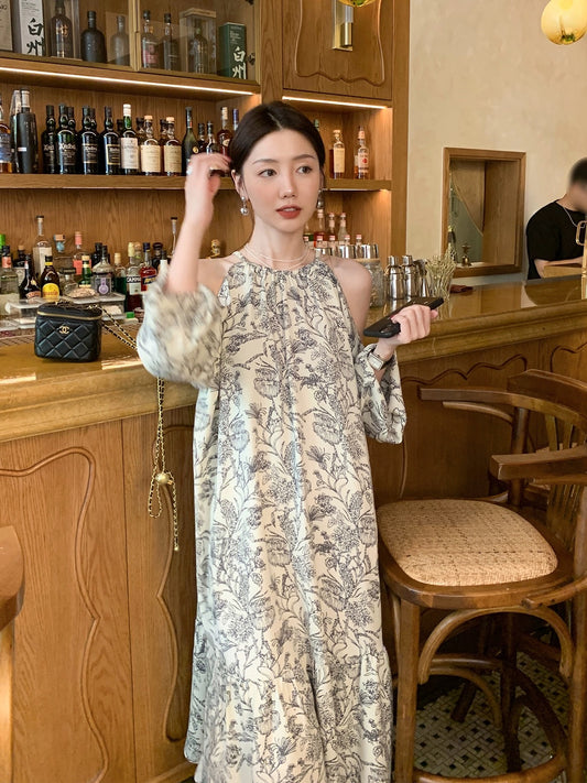 xxoossoo off-shoulder floral dress long skirt long sleeves gentle temperament seaside vacation European pastoral style skirt