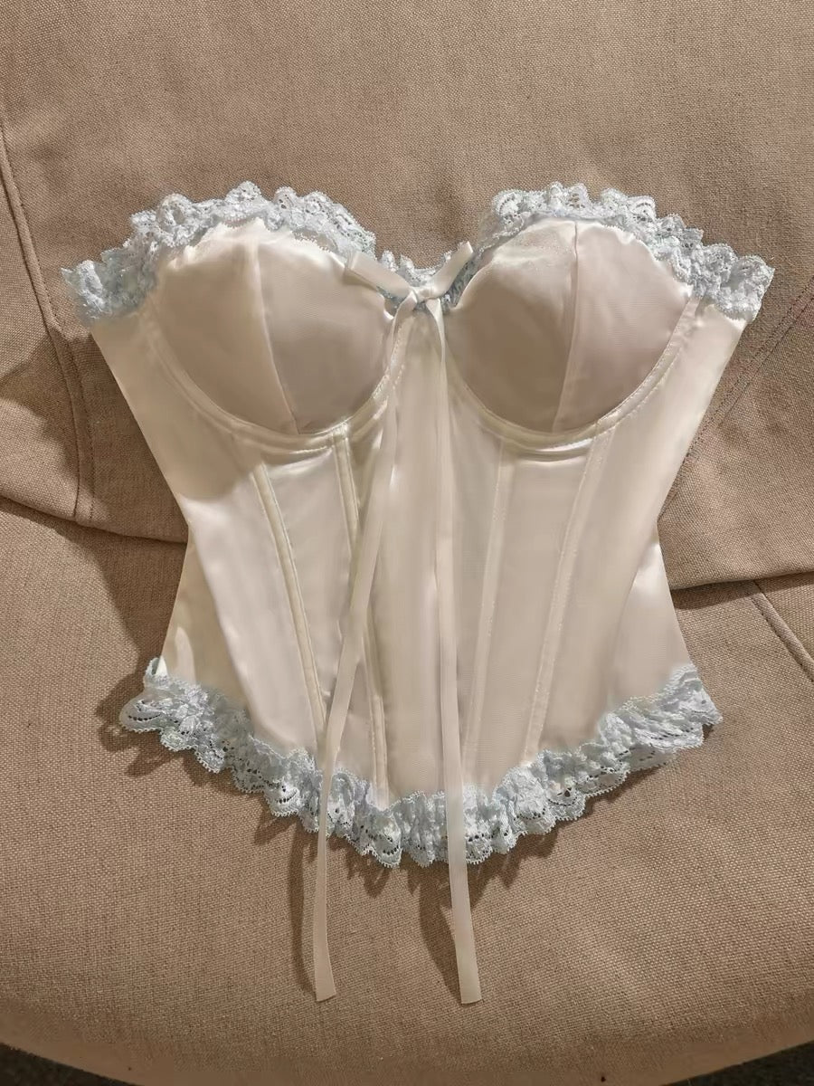 Sweet lace-trimmed, boned, off-the-shoulder corset top—perfect as a standalone piece or a stylish base layer; features a lace-up design for a slimming, waist-cinching fit.