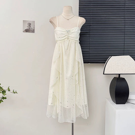 Gentle style butterfly shiny fluffy suspender dress female spring 2025 trumpet sleeve sunscreen