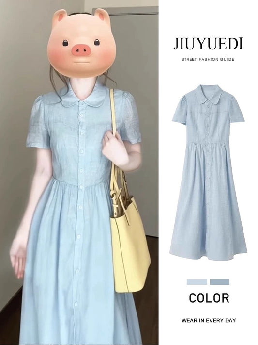 JIUYUEDI Late September Retro Peter Pan Collar Light Blue Dress, Artistic Beach Vacation Style, Slimming Mid-Length