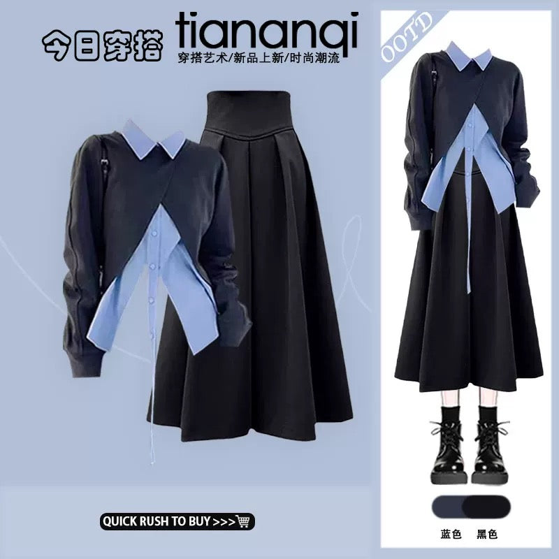 New design for early autumn, irregular fake two-piece top, versatile high waist, slimming and meat-covering skirt, two-piece suit