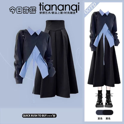 New design for early autumn, irregular fake two-piece top, versatile high waist, slimming and meat-covering skirt, two-piece suit