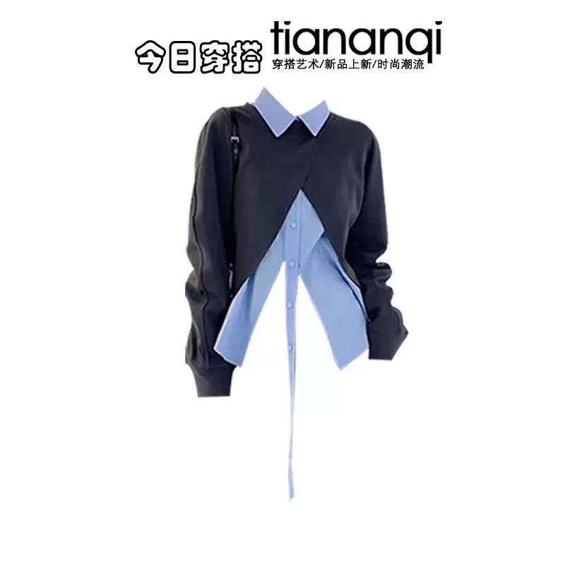 New design for early autumn, irregular fake two-piece top, versatile high waist, slimming and meat-covering skirt, two-piece suit