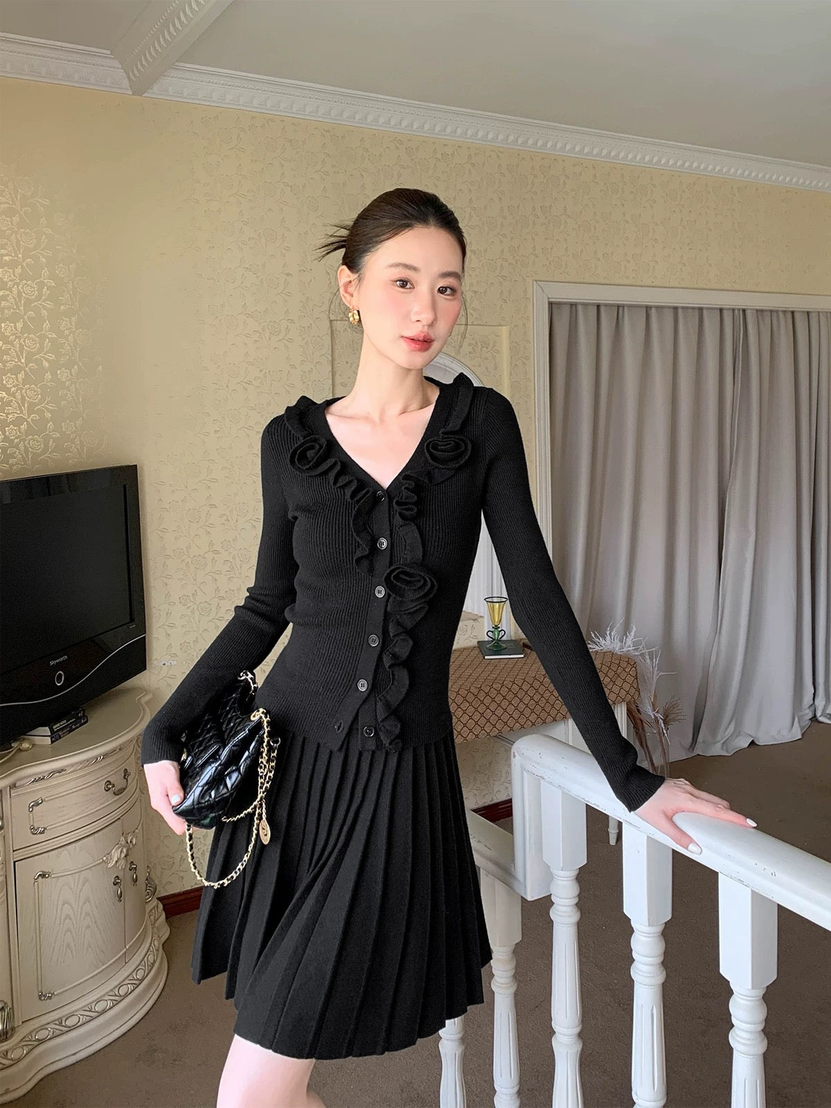 XXNING French style three-dimensional floral knitted sweater skirt suit for women new style elegant two-piece set