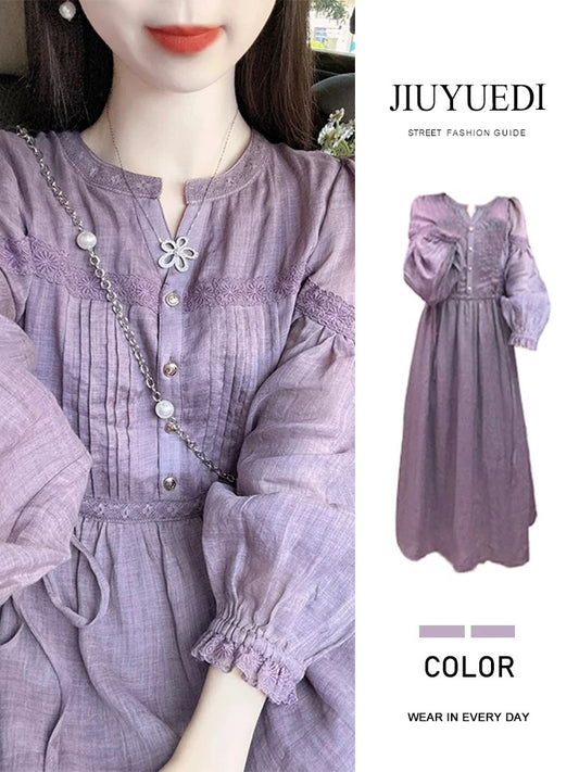 JIUYUEDI Late September Tea Break French Purple Long-Sleeved Dress for Women, 2025 Autumn New Style Elegant Long Dress
