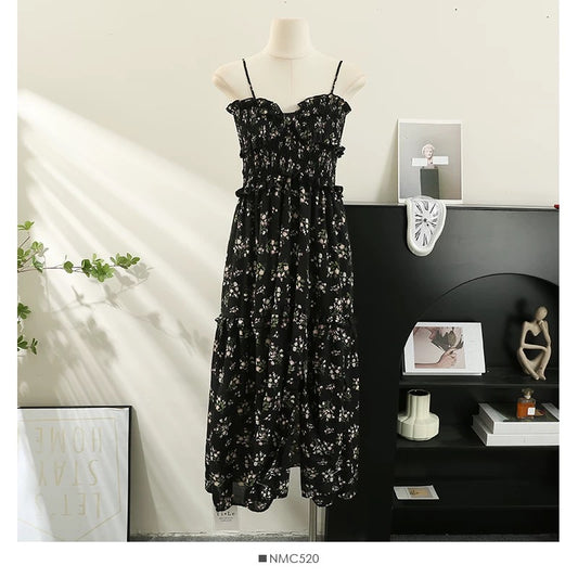 French retro floral suspender dress for women summer 2024 new gentle style temperament waist long tea break dress