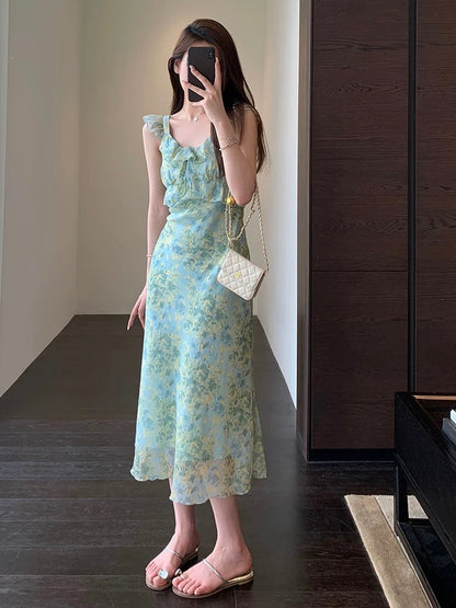 AMR UU◆wear a good figure, white silk green printed lotus leaf suspender long skirt female dress new summer