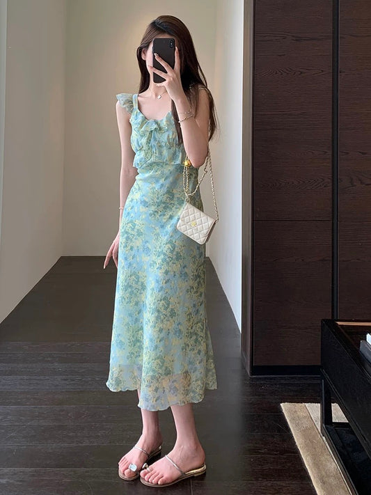 AMR UU◆wear a good figure, white silk green printed lotus leaf suspender long skirt female dress new summer