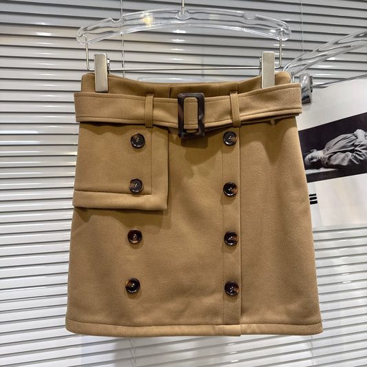 Popular online style, 2025 winter new retro British style double-breasted wool mini skirt with belt, H-line skirt