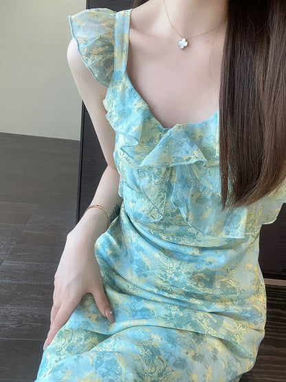 AMR UU◆wear a good figure, white silk green printed lotus leaf suspender long skirt female dress new summer