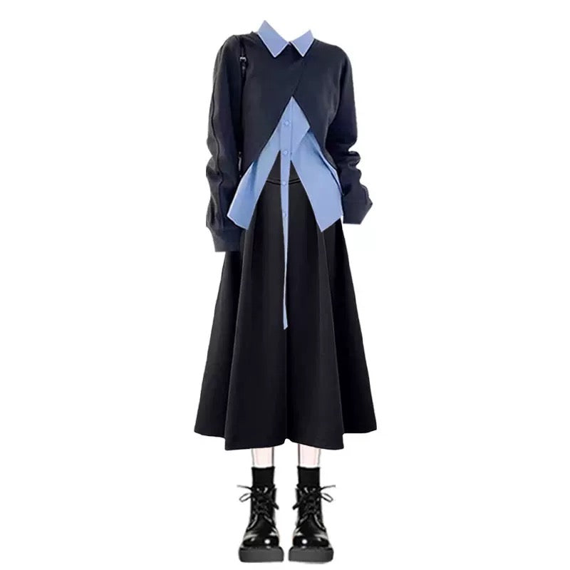 New design for early autumn, irregular fake two-piece top, versatile high waist, slimming and meat-covering skirt, two-piece suit
