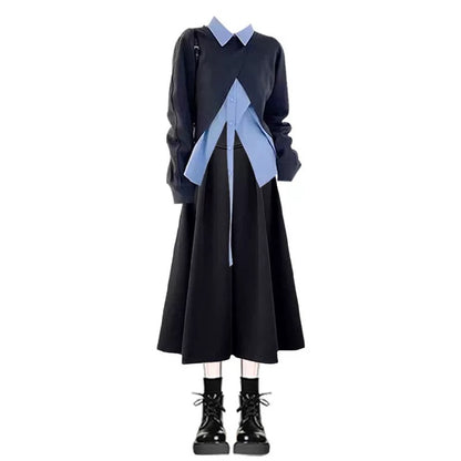 New design for early autumn, irregular fake two-piece top, versatile high waist, slimming and meat-covering skirt, two-piece suit