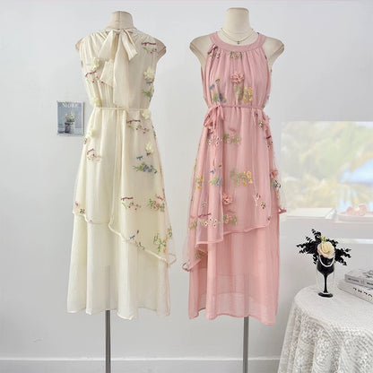 French heavy embroidery flower halter neck off-shoulder dress women's spring 2025 waist tie mesh splicing large swing skirt