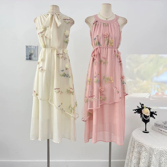French heavy embroidery flower halter neck off-shoulder dress women's spring 2025 waist tie mesh splicing large swing skirt