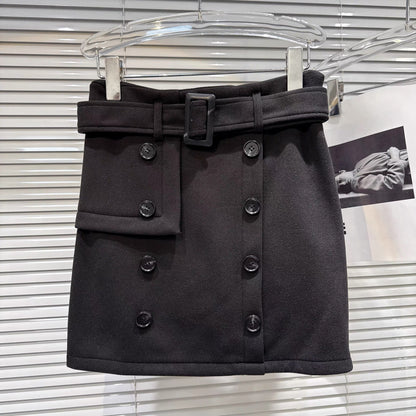 Popular online style, 2025 winter new retro British style double-breasted wool mini skirt with belt, H-line skirt