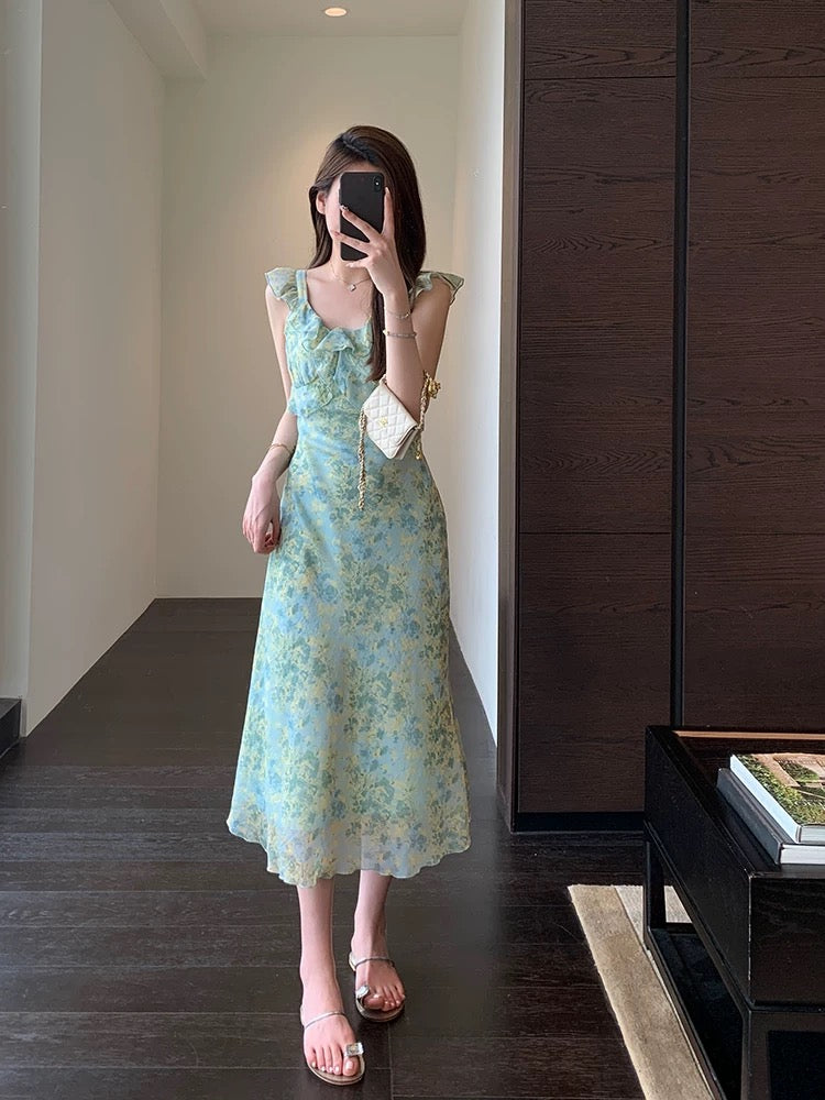 AMR UU◆wear a good figure, white silk green printed lotus leaf suspender long skirt female dress new summer