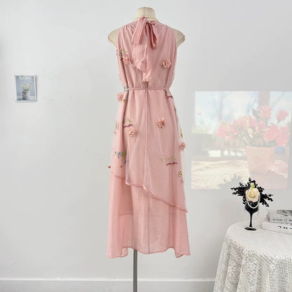French heavy embroidery flower halter neck off-shoulder dress women's spring 2025 waist tie mesh splicing large swing skirt