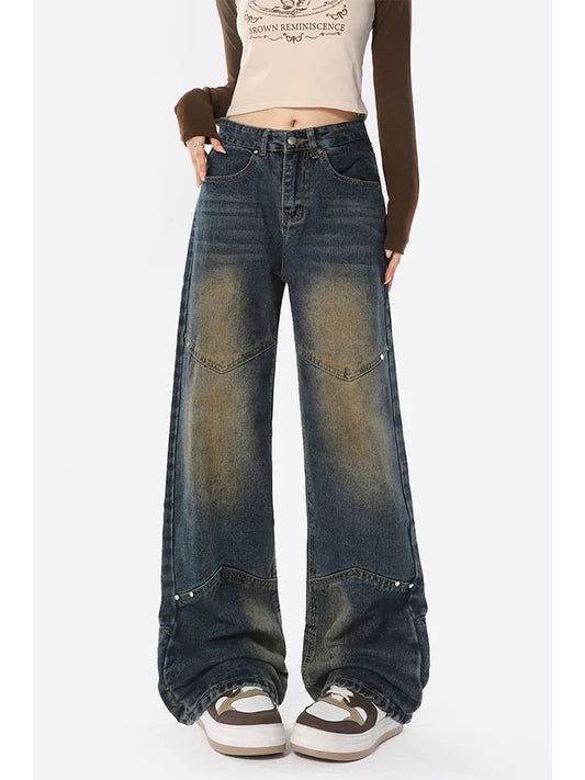 Yellow mud jeans for women spring and autumn new American high street high waist loose straight casual wide leg floor mopping pants summer