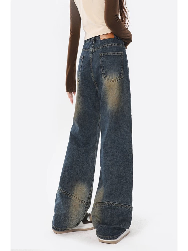 Yellow mud jeans for women spring and autumn new American high street high waist loose straight casual wide leg floor mopping pants summer